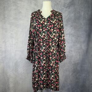 Draper James RSVP Dress Womens XL Black Floral Tie Waist Smocked Cuffs KD7032RT